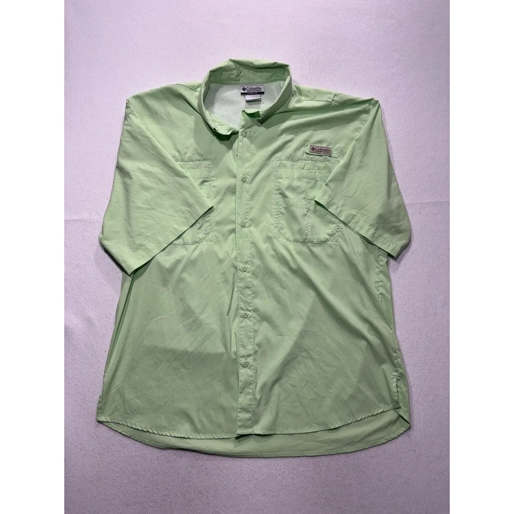 Columbia PFG Shirt Mens 2XL Green Short Sleeve Fishing Button Up Vented UPF 30+
